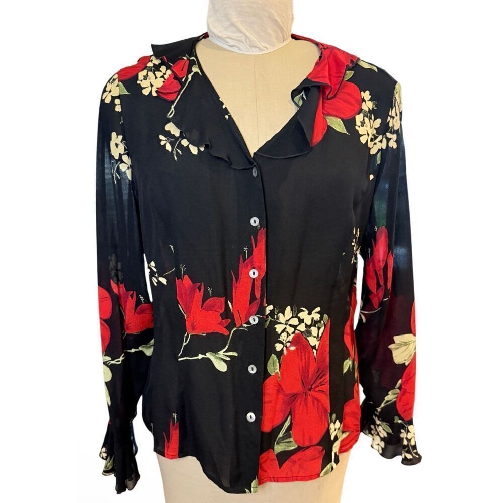Tess 100% Silk Floral Print Button Front Long Slv Sz. 16 Ruffle Collar & Cuffs F